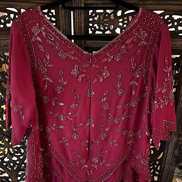 ROAMAN’S RUBY RED MAROON BURGUNDY BEADED SEQUINS LAYERED EVENING DRESS - Picture 6 of 7